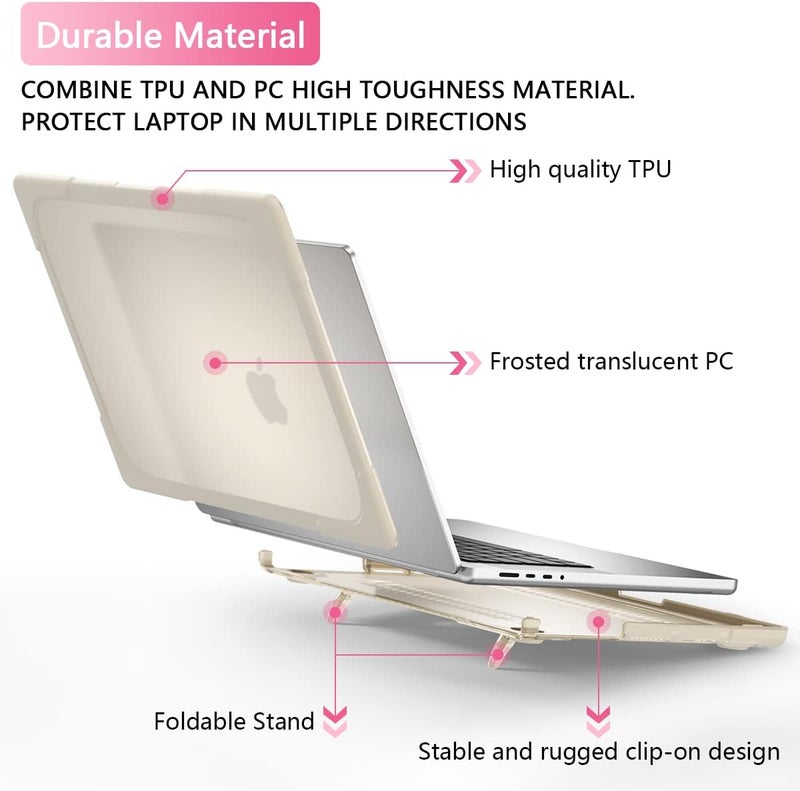 Batianda Heavy Duty Case for New MacBook Pro 14 Inch 2025 M5 M4 M3 M2 Pro/Max Chip- Ergonomic Foldable Kickstand (Holds 22lbs/Zero Wobble) Matte Translucent Rugged Armor Cover with Spare Parts, Khaki - Image 3